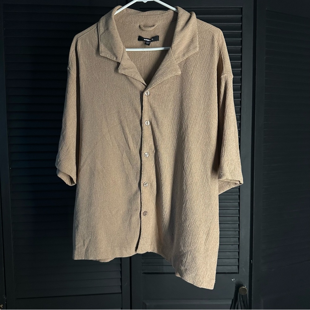 Tan Casual Button Down Shirt with Three-Quarter Sleeves
